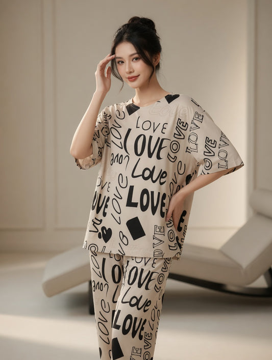 Biege Love Printed Night Suit