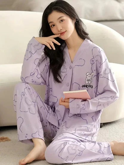 Purple Bunny V-Neck Button Printed Night Suit