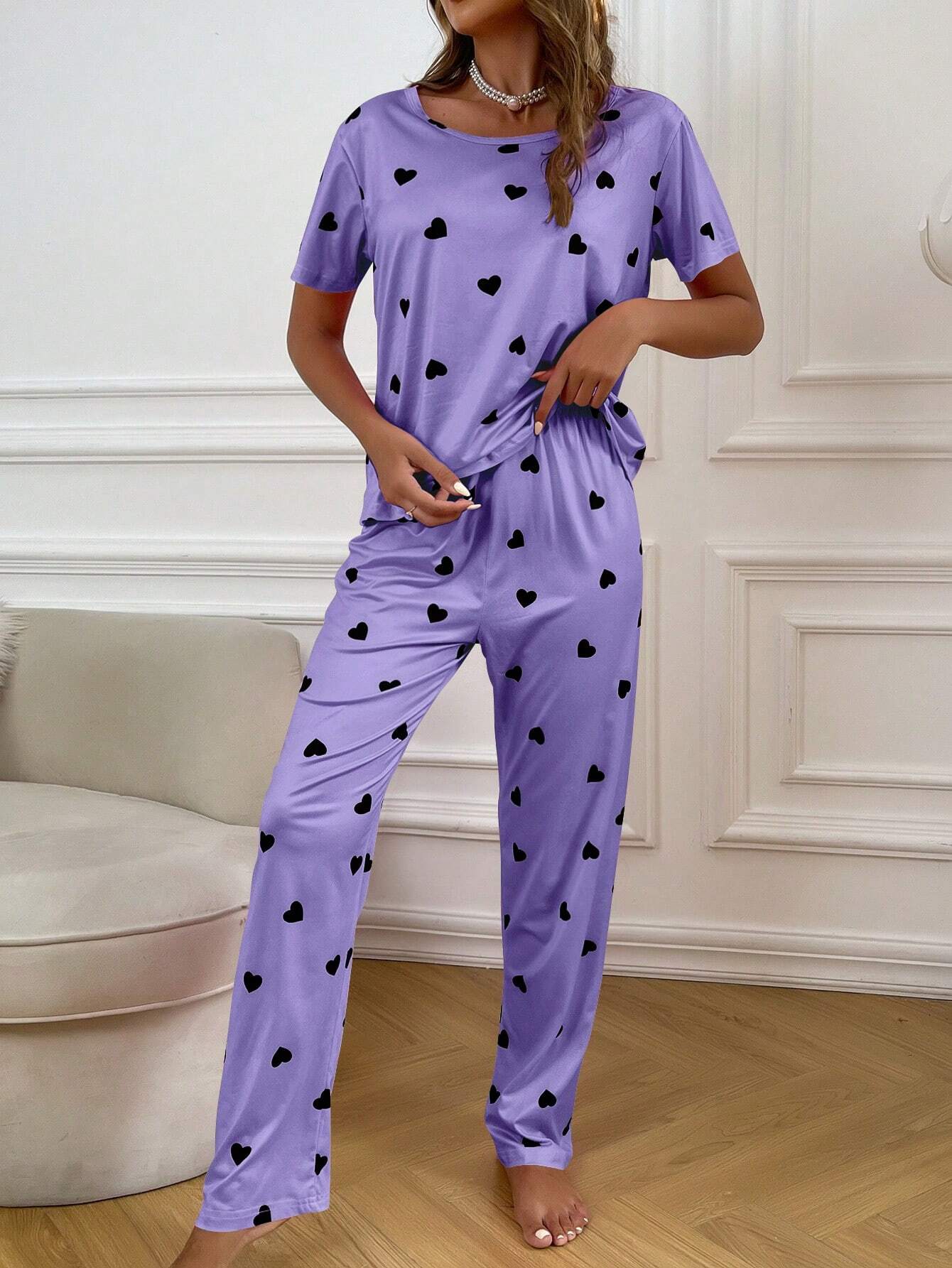 Purple Black Multi Heart Printed Night Suit