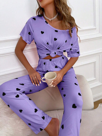 Purple Black Multi Heart Printed Night Suit