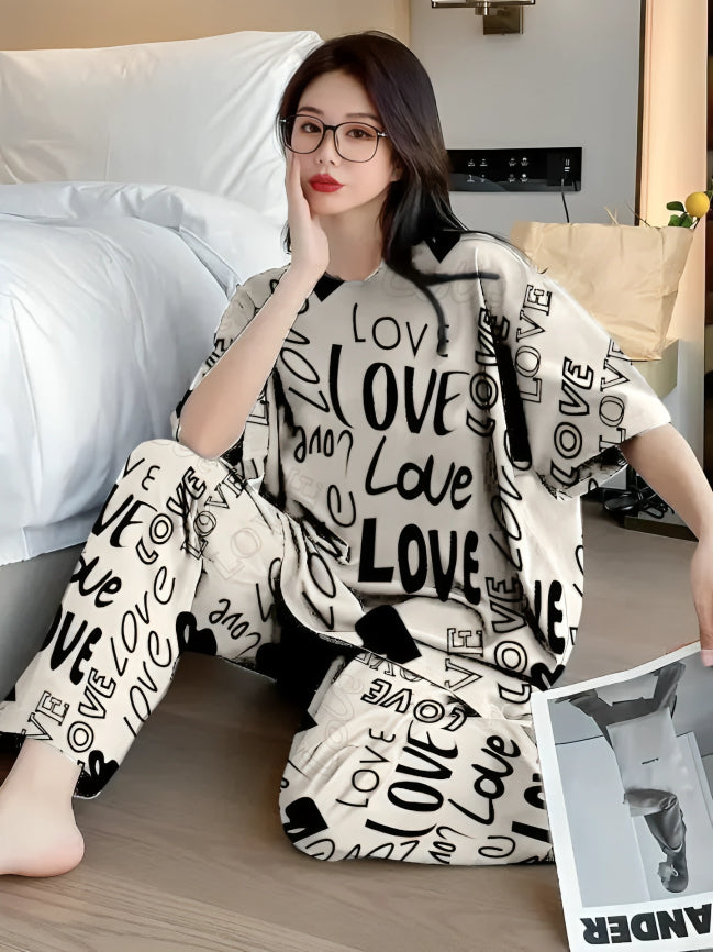 Biege Love Printed  Night Suit