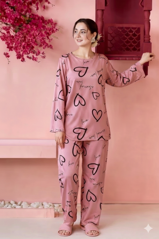 Cute Love Heart Printed Night Suit