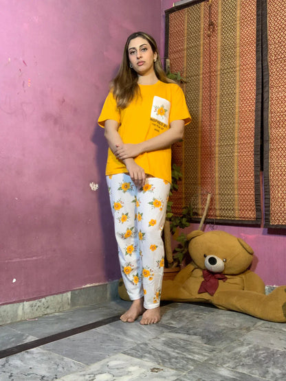 Yellow Pocket Printed Night Suit