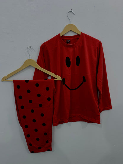 Red Smiley Printed Night Suit