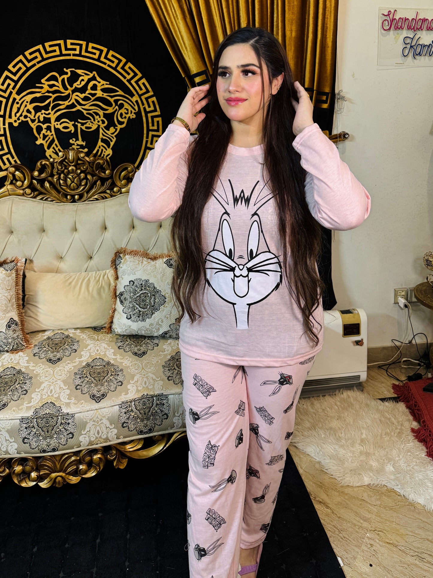 Pink Bunny Printed  Night Suit
