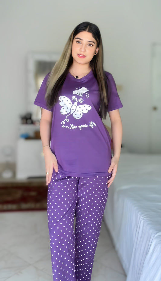 Purple Butterfly Printed  Night Suit