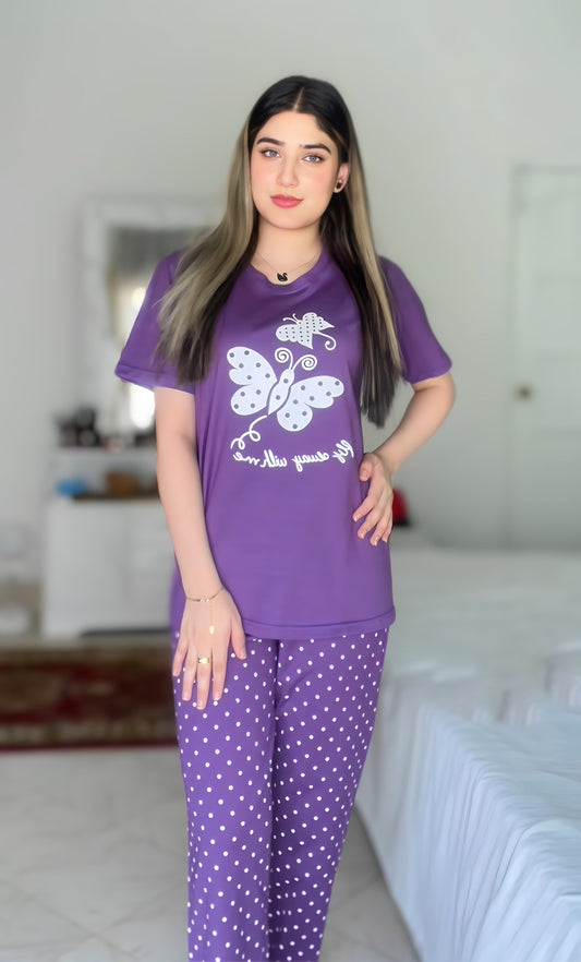 Purple Butterfly Printed  Night Suit