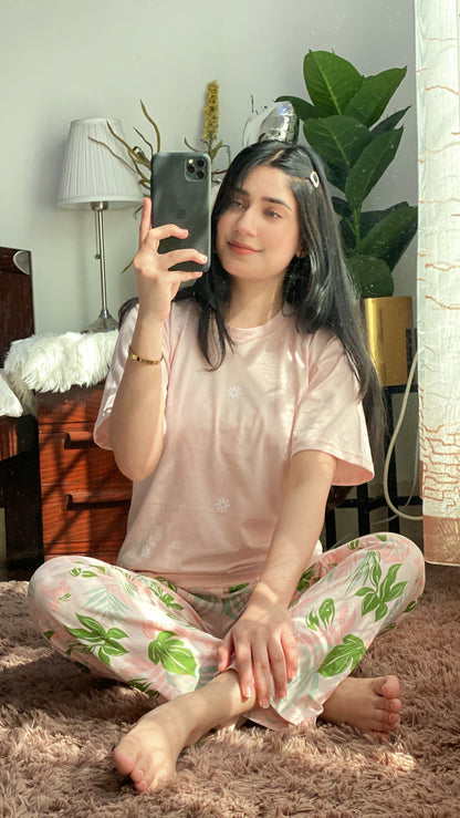 Peach Pajama Printed Night Suit