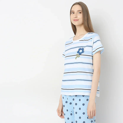 Sky Blue Lilly Printed  Night Suit