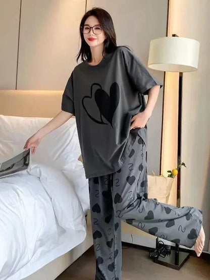 Grey Double Heart Half Sleeve Printed Night Suit
