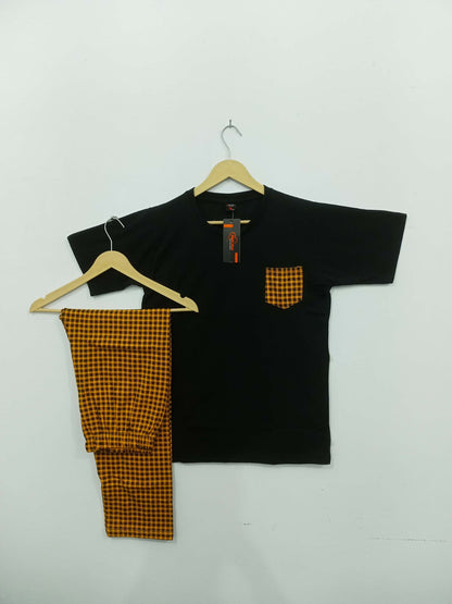 Yellow and Black Check Pocket Printed Night Suit