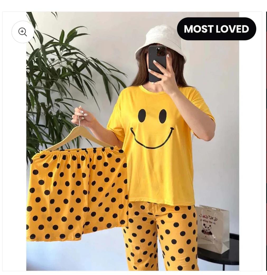 3 Piece Yellow Smiley Nightwear