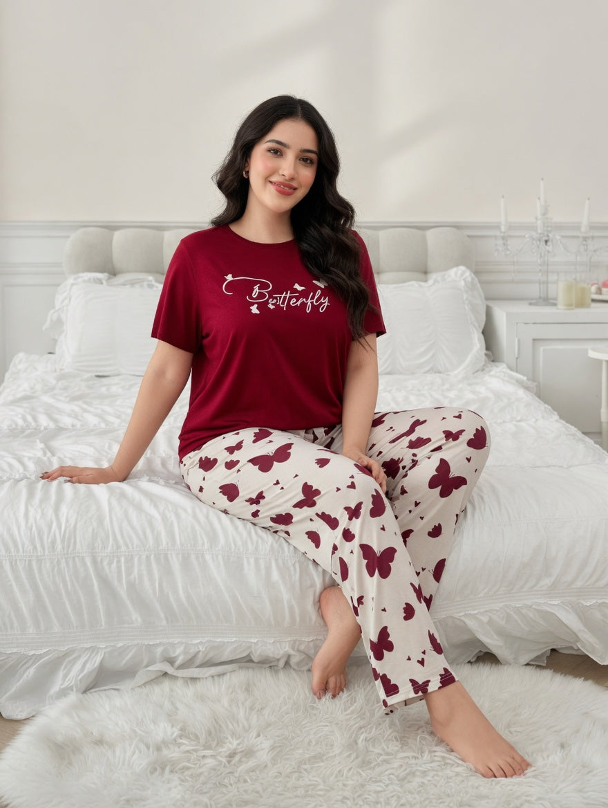 Red Butterfly Printed Night Suit