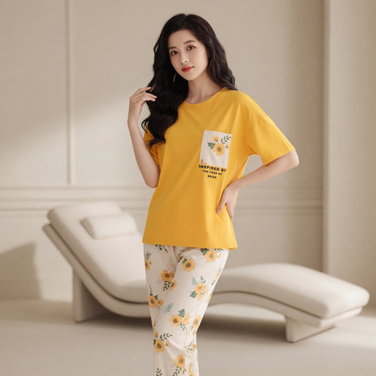 Yellow Pocket Printed Night Suit