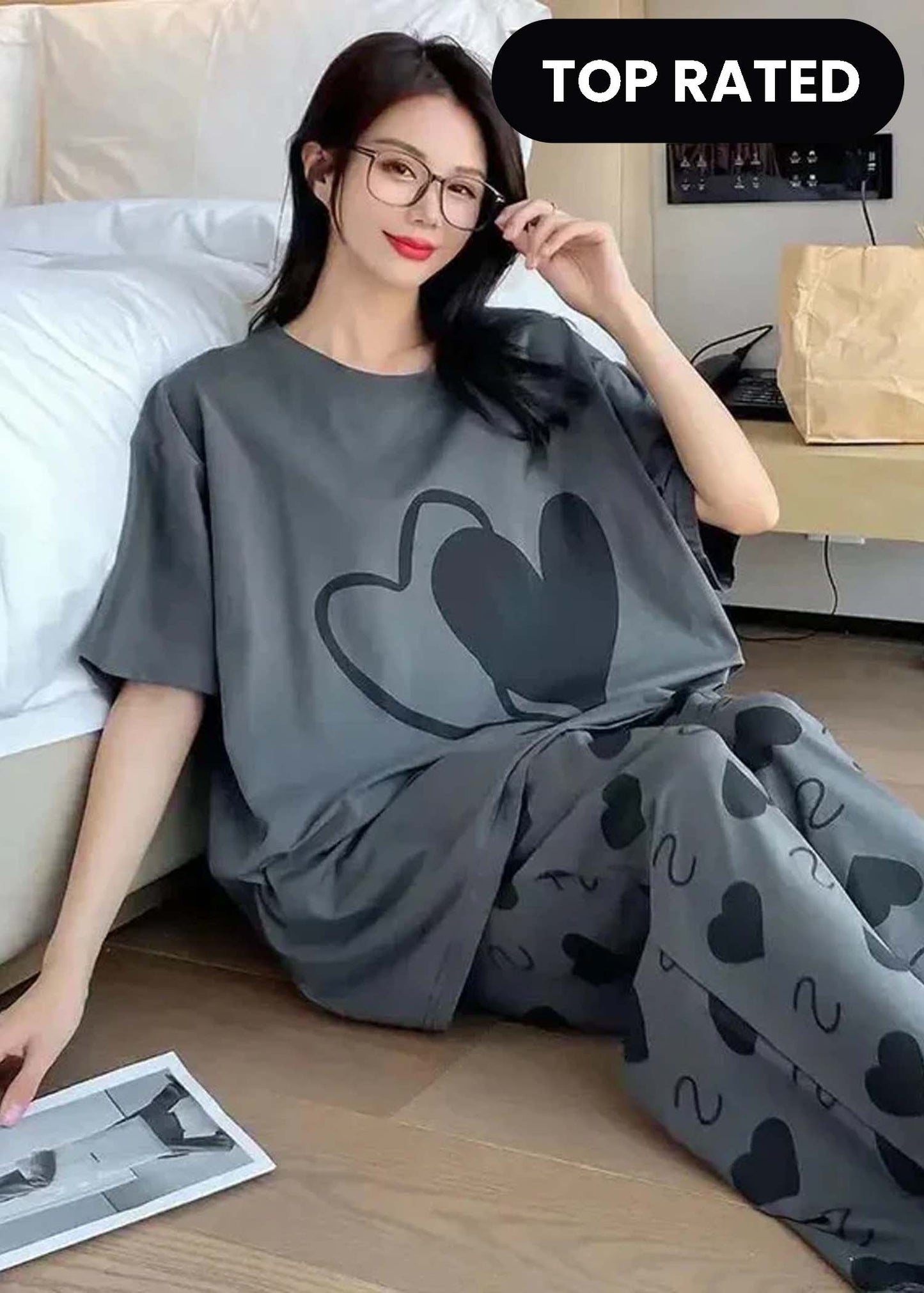 Grey Double Heart Half Sleeve Printed Night Suit