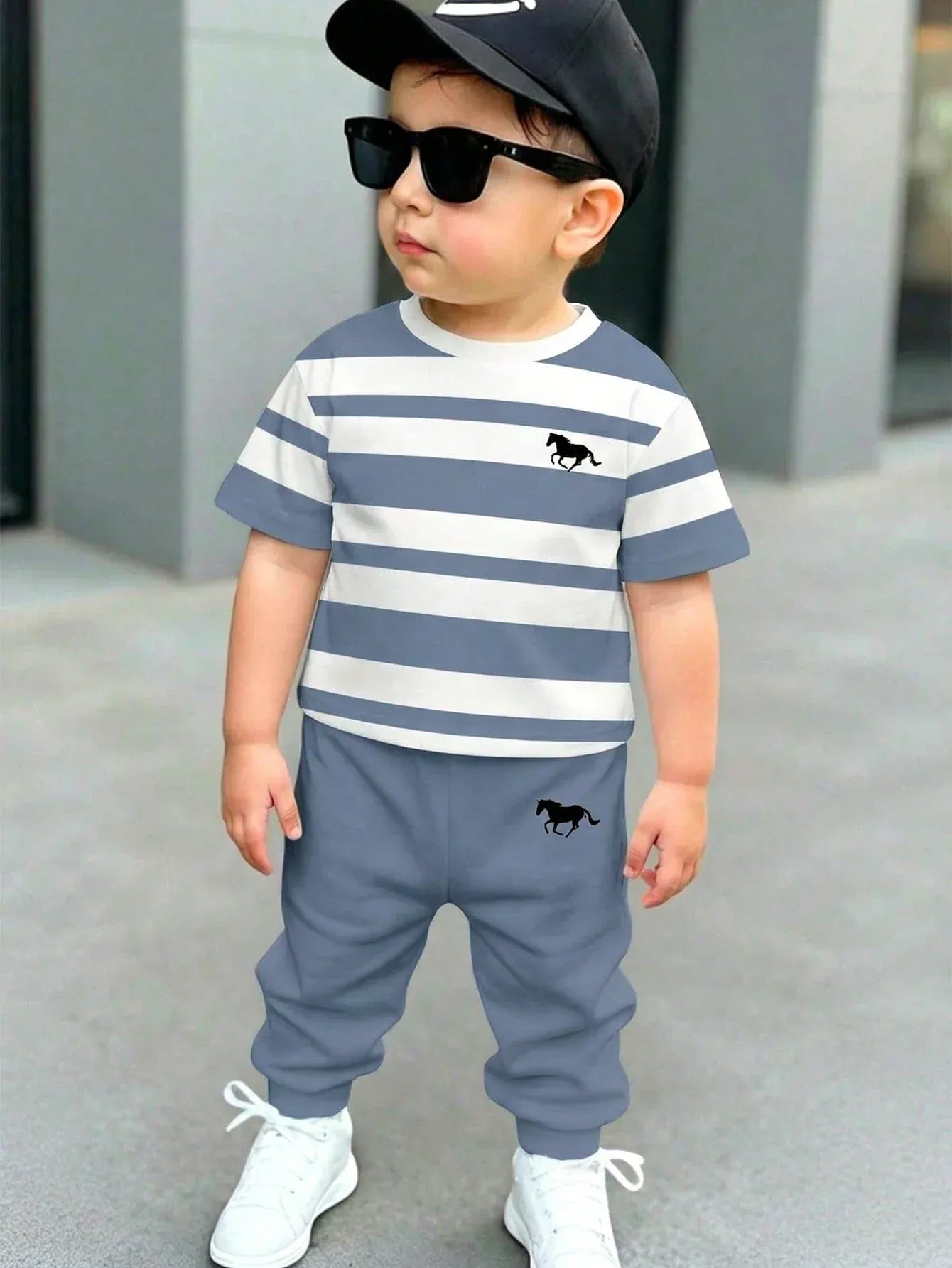 Grey Panel Horse Printed Half Sleeve Kids Suit