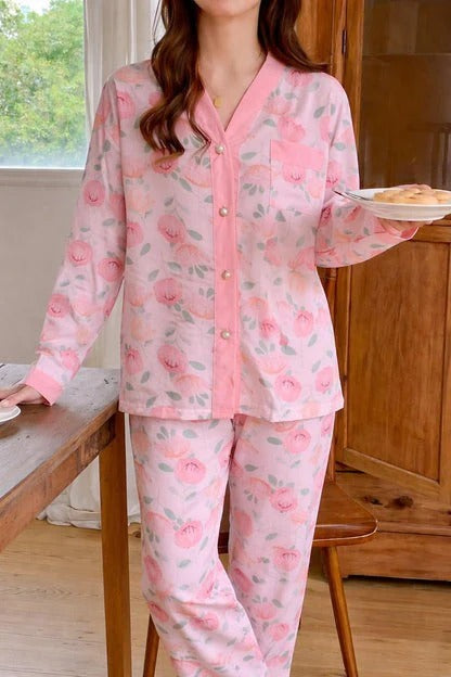 Pink Rose V-Neck Button Printed Night Suit