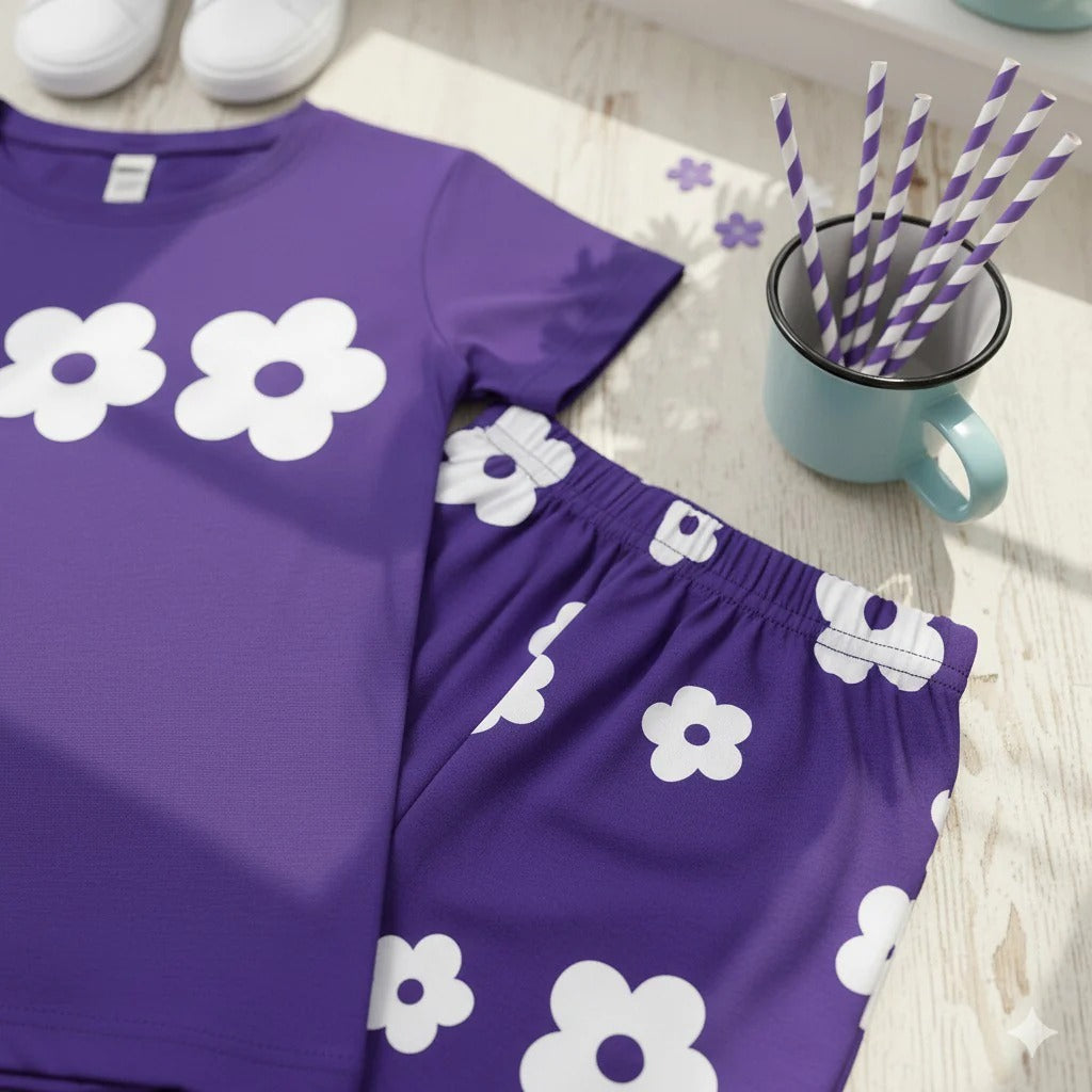 Purple Flower Half Sleeve Kids Suit