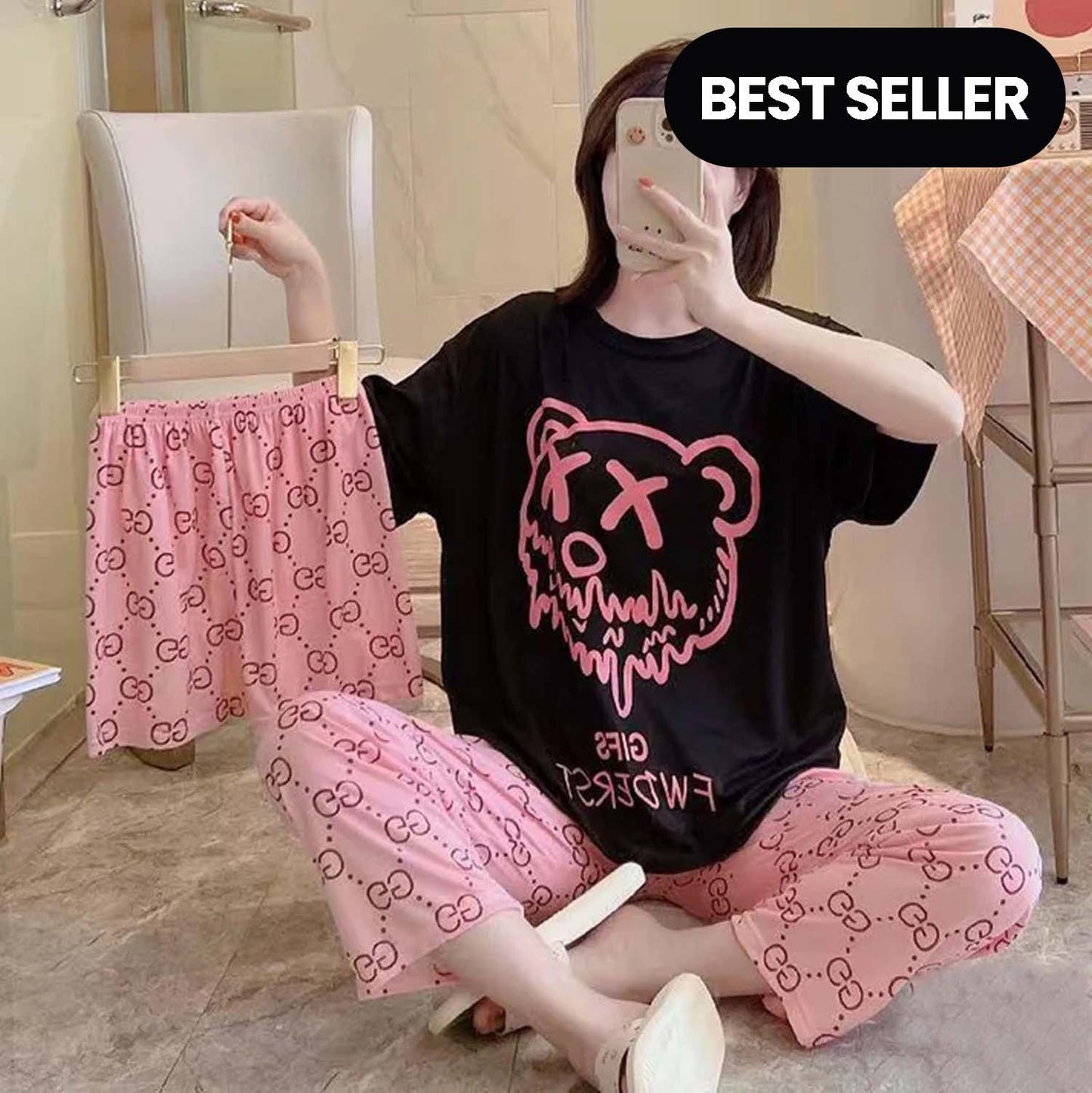 3 Piece Black Teddy Nightwear