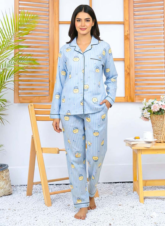 Imported Linen Printed Sky Blue Snow PJ Set-LP1