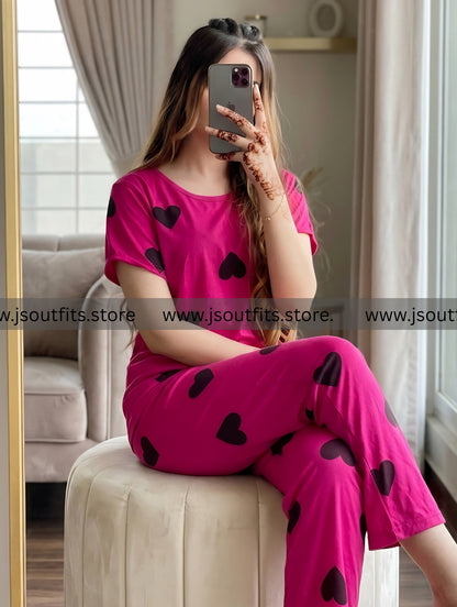 Black Multi Hearts Pink Printed  Night Suit