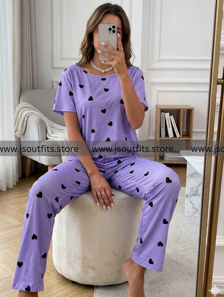 Purple Black Multi Heart Printed Night Suit
