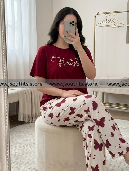 Red Butterfly Printed Night Suit