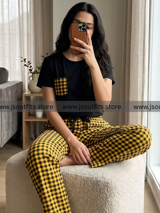 Yellow and Black Check Pocket Printed Night Suit