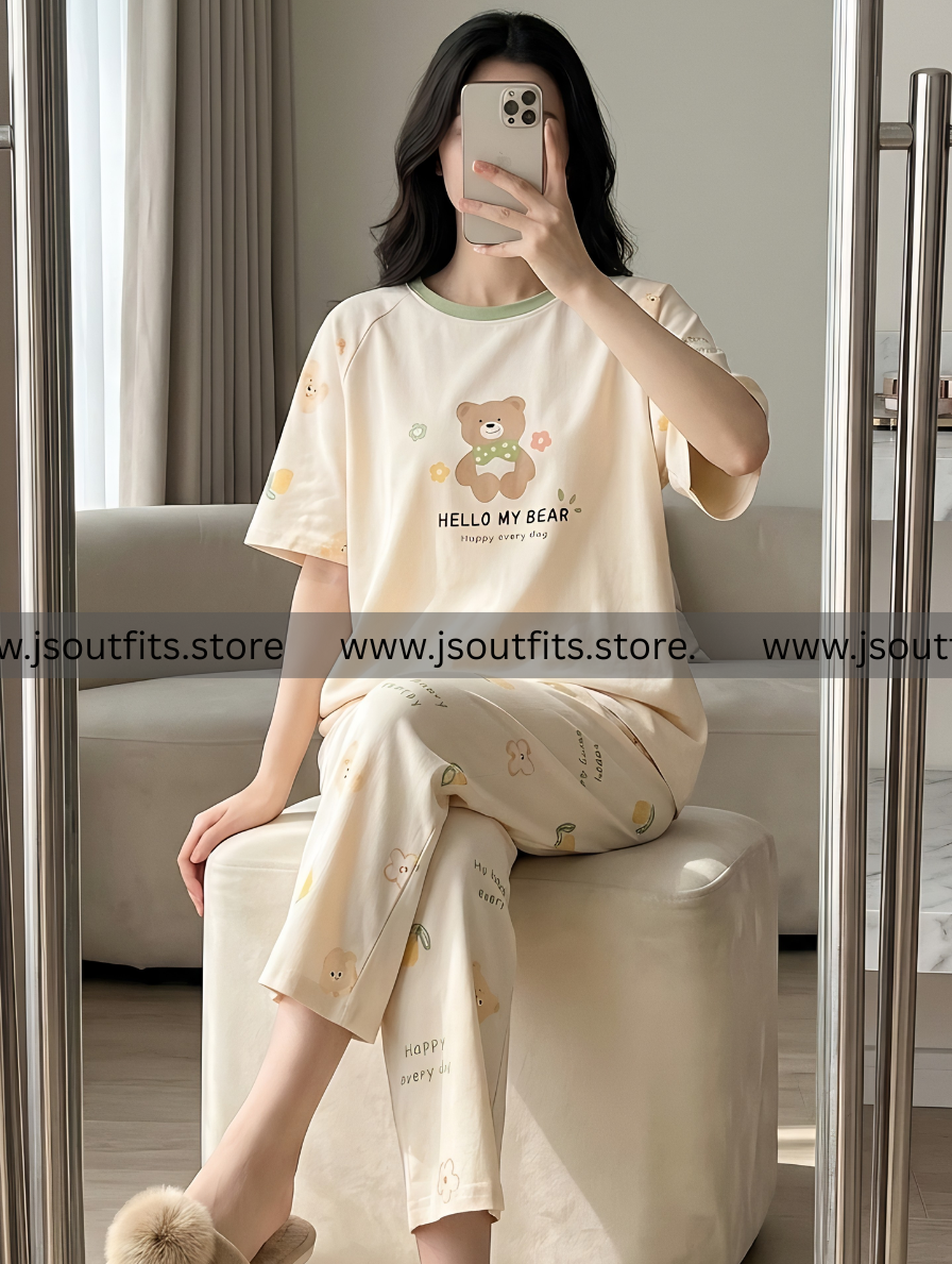Hello My Bear Printed Night Suit