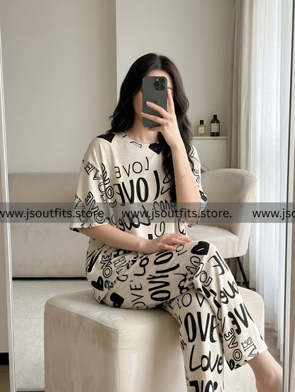Biege Love Printed  Night Suit