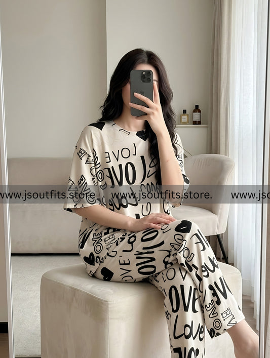 Biege Love Printed  Night Suit