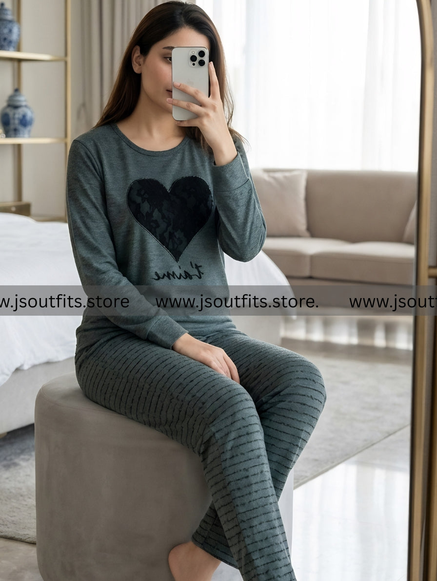Black Heart Printed Night Suit