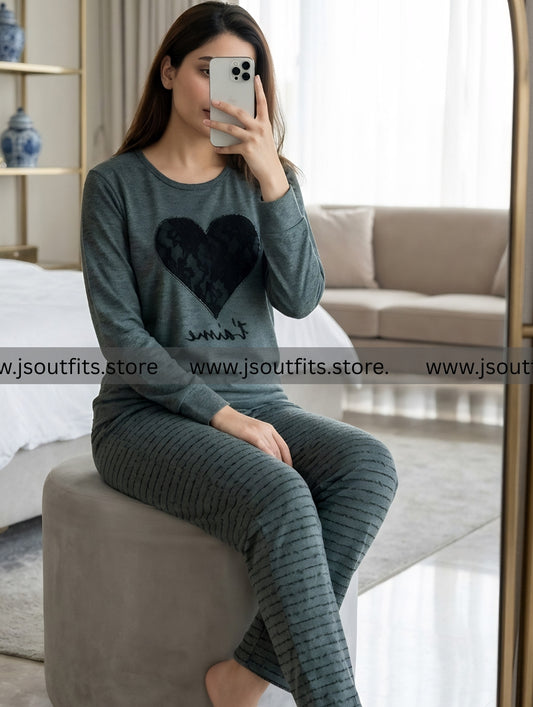 Black Heart Printed Night Suit